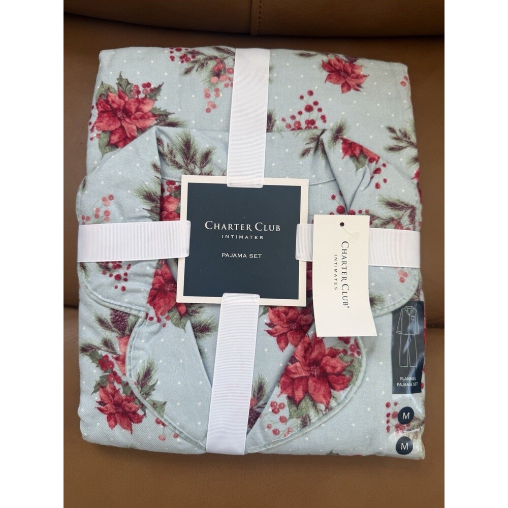 Charter Club Intimates Flannel Pajama Set Medium Poinsettia Floral NWT